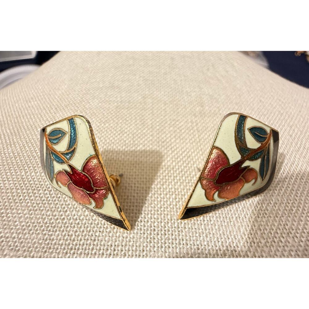 Vintage Signed Cloisonné Floral Post Earrings Gold Tone Enamel